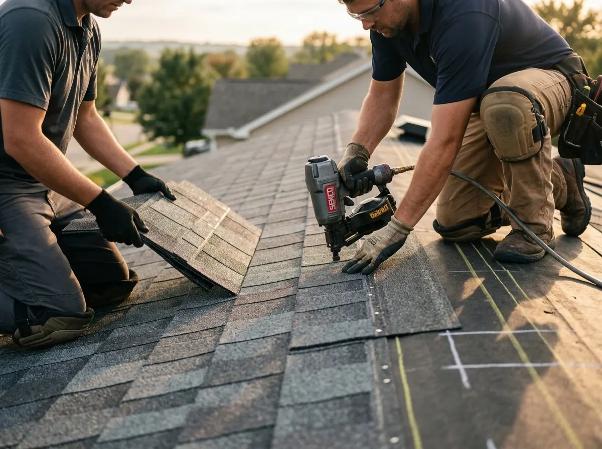Professional roofer working on a residential roof in Winton